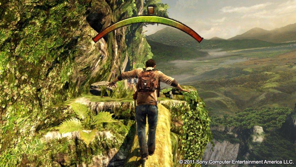 Uncharted: Golden Abyss (PS Vita) screenshot: Using PS Vita's motion sensor to keep the balance.
