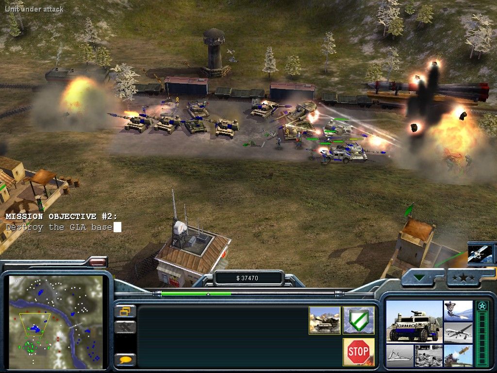 Command & Conquer: Generals - Zero:Hour (Windows) screenshot: Surprising the GLA troops by exiting with tanks from the train they were expecting will carry another nuclear missile for them