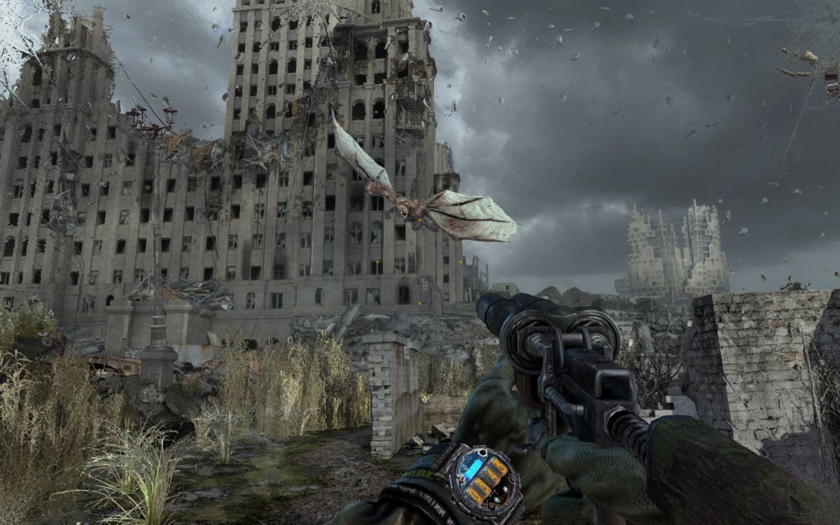 Metro: Last Light (Windows) screenshot: Brooding, intensely atmospheric outdoor area, the swamp. Fighting a flying beast known as "demon"