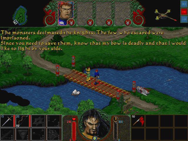 Hexplore (Windows) screenshot: Our first companion, the archer. The dialogues are non interactive, speech is accompanied by subtitles.