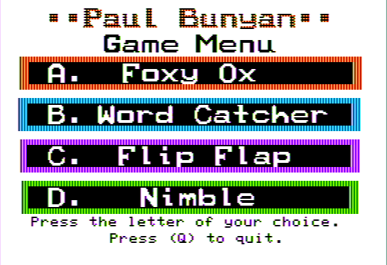 Paul Bunyan (Apple II) screenshot: Main Menu