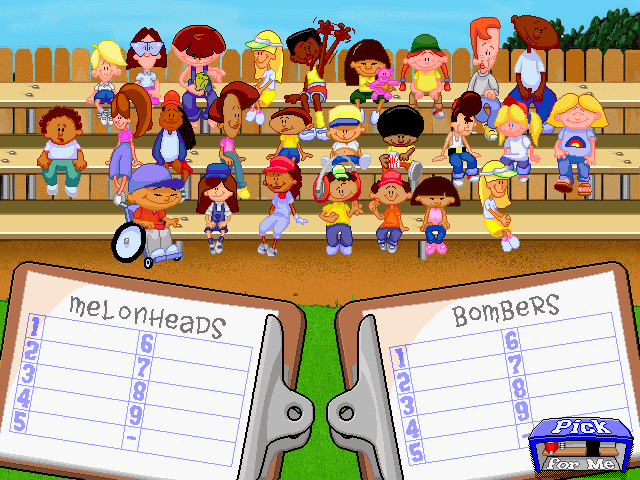 Backyard Baseball (Windows) screenshot: Pick your players. Annoyingly, this was when they made it "realistic" by not having every player on the bleachers available during a single game.