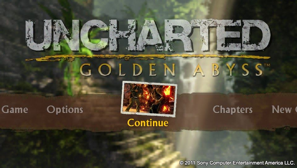Uncharted: Golden Abyss (PS Vita) screenshot: Main title (screenshot captured via PS Vita feature automatically adds the game watermark in the lower right corner).
