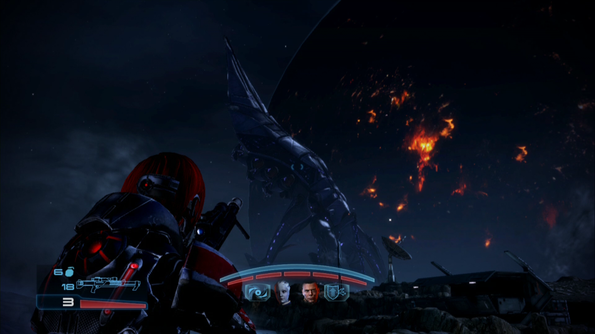 Mass Effect 3 (Xbox 360) screenshot: The Turian homeworld is in bad shape. Reapers have also landed on this moon.