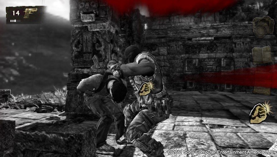 Uncharted: Golden Abyss (PS Vita) screenshot: Tougher enemies can withstand a lot of punishment and won't fall without a fight.