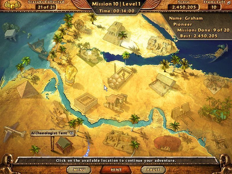 Amazing Adventures: The Lost Tomb (Windows) screenshot: The game's main screen in English. From here the player is directed to the next level to be played.
