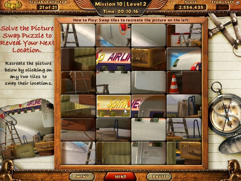 Amazing Adventures: The Lost Tomb (Windows) screenshot: One of the puzzle types is a tile swap game where the player recreates a picture by swapping pairs of tiles around. Speed bonuses can be scored here too