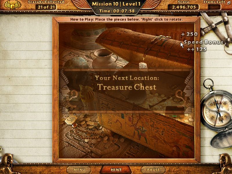 Amazing Adventures: The Lost Tomb (Windows) screenshot: The player returns to the game's location screen to exit. Their score and progress are automatically saved.