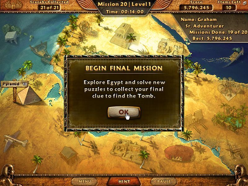 Amazing Adventures: The Lost Tomb (Windows) screenshot: The on screen message changes as the player begins the final mission, level twenty