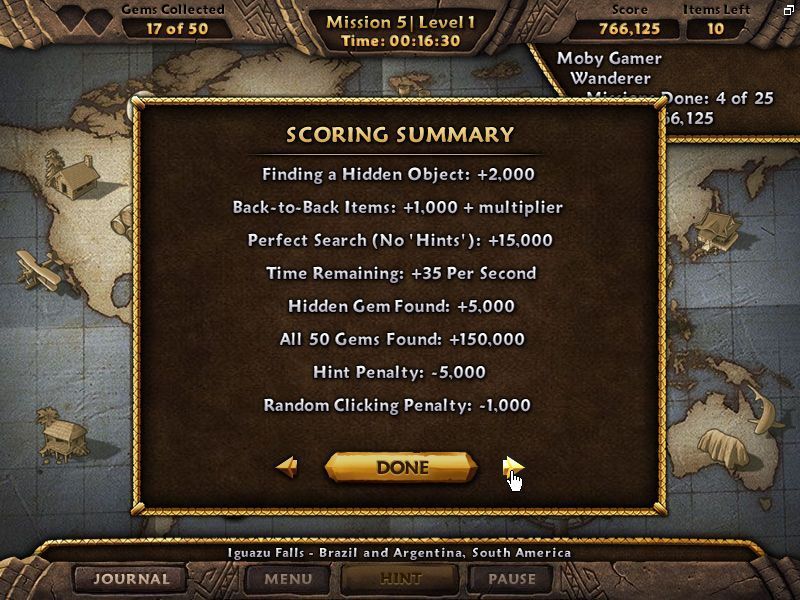 Amazing Adventures: Around the World (Windows) screenshot: The game's scoring system summarised.