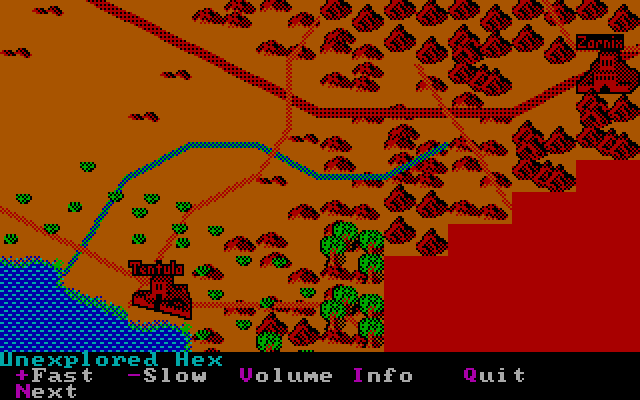 Sword of Aragon (DOS) screenshot: SW of World Map. Overlooking the lake city of Tentula and the Orcish Fortress of Zarnix.