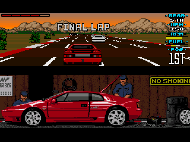 Lotus Esprit Turbo Challenge (Amiga) screenshot: Driving the final lap