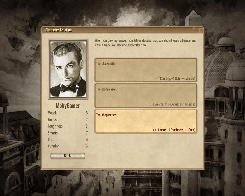 Omerta: City of Gangsters (Windows) screenshot: Character creation. Don't want a dumb mobster.