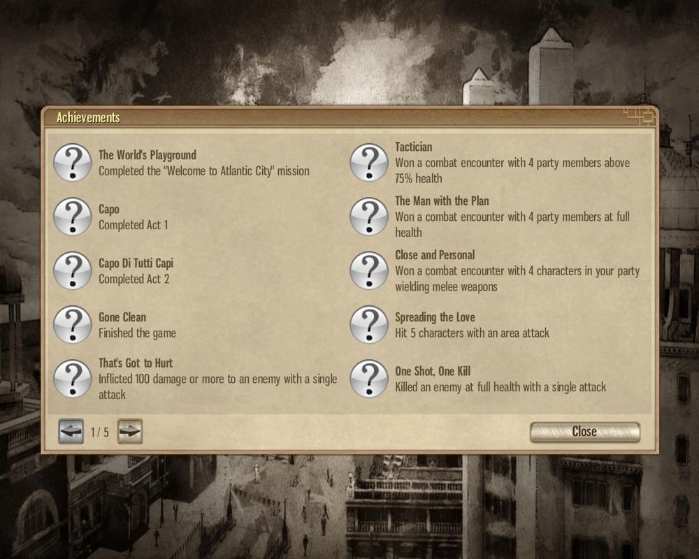 Omerta: City of Gangsters (Windows) screenshot: Available achievements.