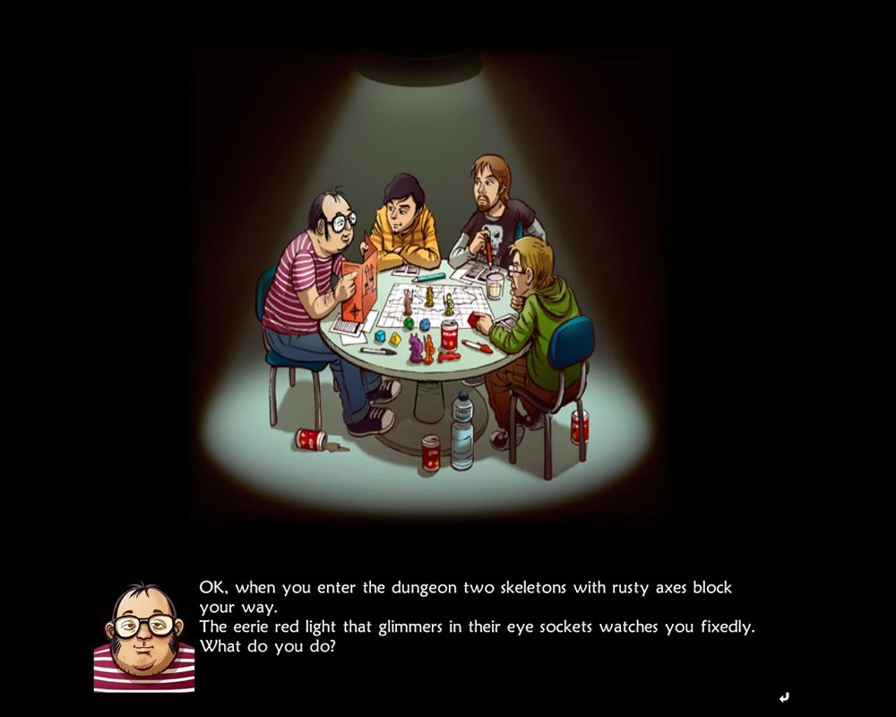 UnEpic (Windows) screenshot: Intro. Just a bunch of nerds playing a traditional pen-and-paper role-playing game.