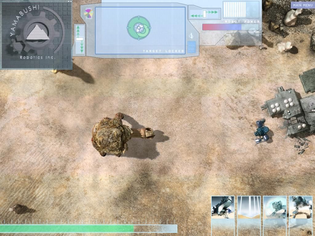 J.U.L.I.A. (Windows) screenshot: Xir is approaching Mobot, while Rachel tries to aim it with a supergun