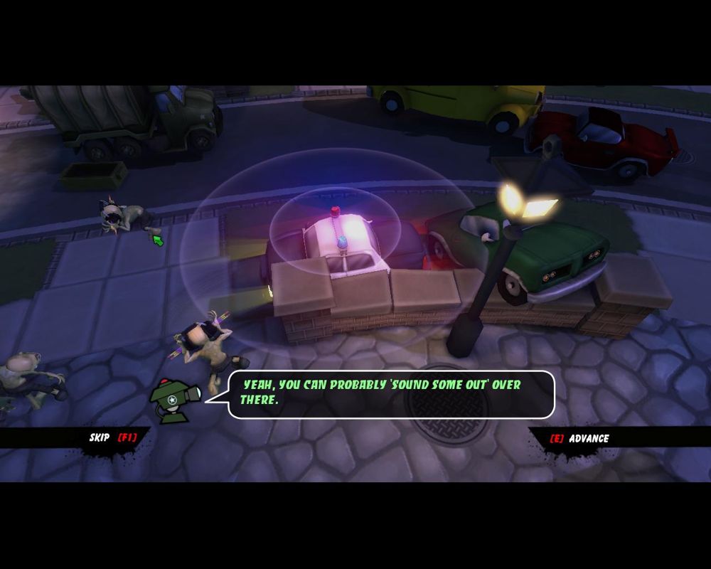 All Zombies Must Die! (Windows) screenshot: Sonic zombies appear when normal zombies come in contact with sonic frequencies, such as this police siren. A visible headphone distinguishes it from normal zombies.