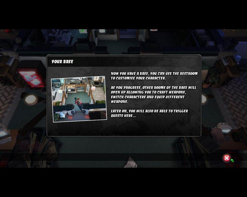 All Zombies Must Die! (Windows) screenshot: A few missions into the game, the player will acquire a base of operations, where the player may create new objects and level up.