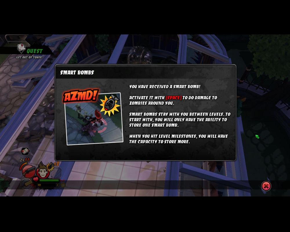 All Zombies Must Die! (Windows) screenshot: A smart bombs does 'area of effect' damage in a small area surrounding the player. Only a maximum of two smart bombs may be collected at any given time.