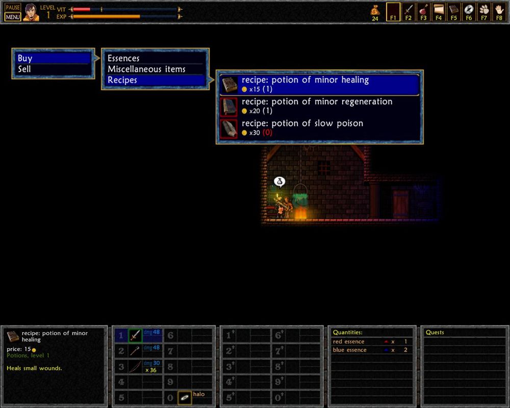 UnEpic (Windows) screenshot: A goblin cook selling recipes. Mixing potions may only be conducted near a cauldron.