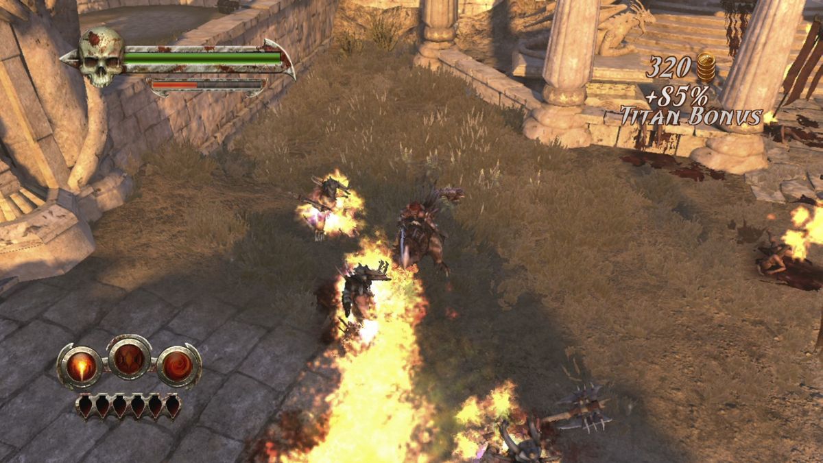 Golden Axe: Beast Rider (Xbox 360) screenshot: Abrax can also breathe fire at the foes, but that drains its health.