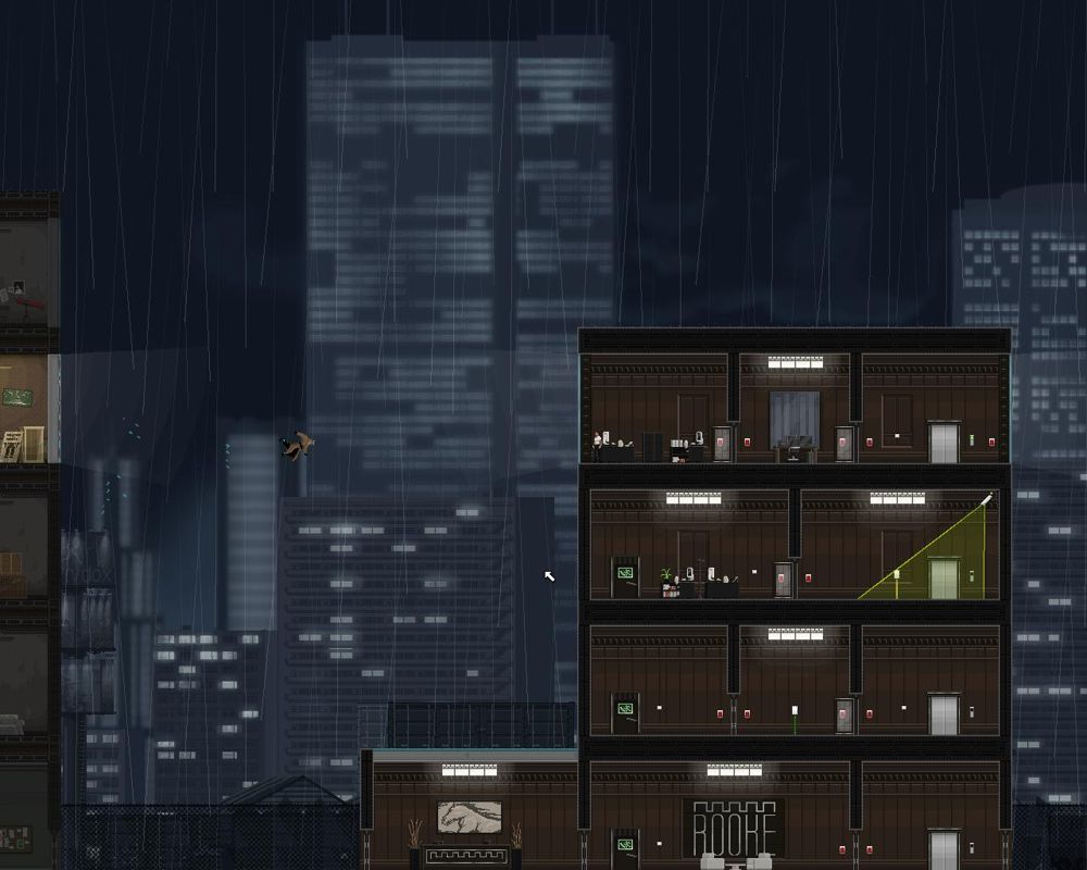 Gunpoint (Windows) screenshot: Game start - Flinging through a window over to the next building. That's going to be a nasty fall.
