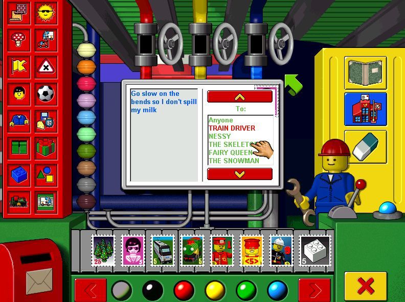 LEGO Loco (Windows) screenshot: Postcards can be created and sent to LEGO people within the game as well as to real world players