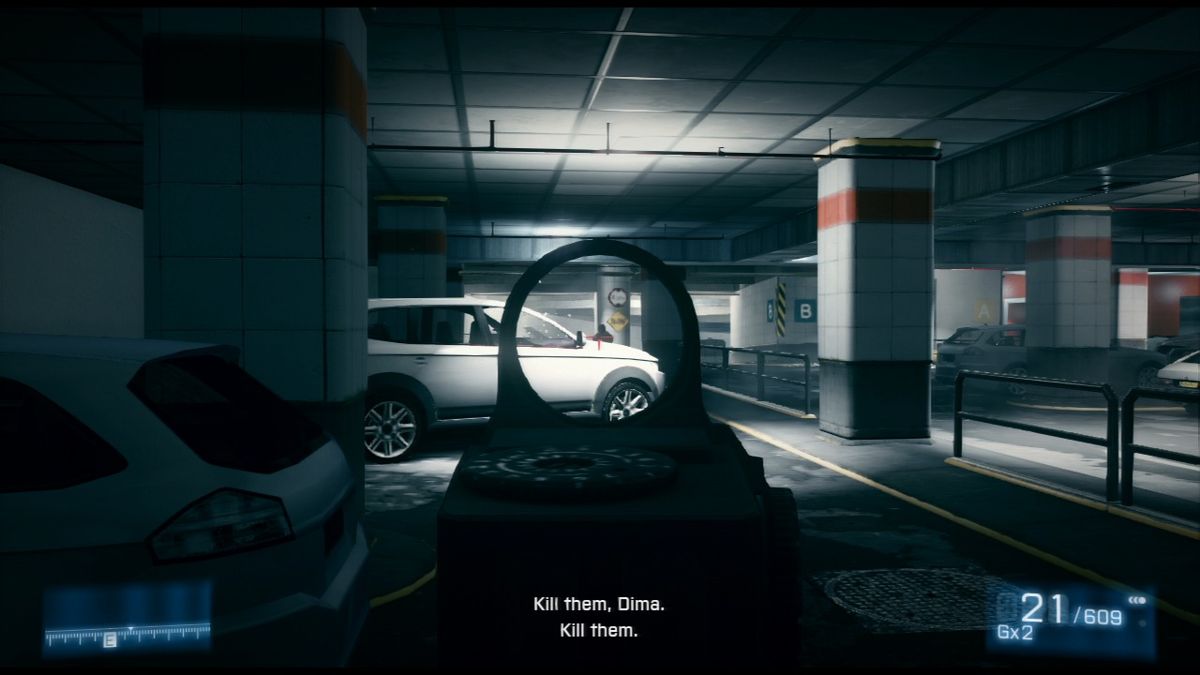 Battlefield 3 (PlayStation 3) screenshot: Shootout in the parking garage.