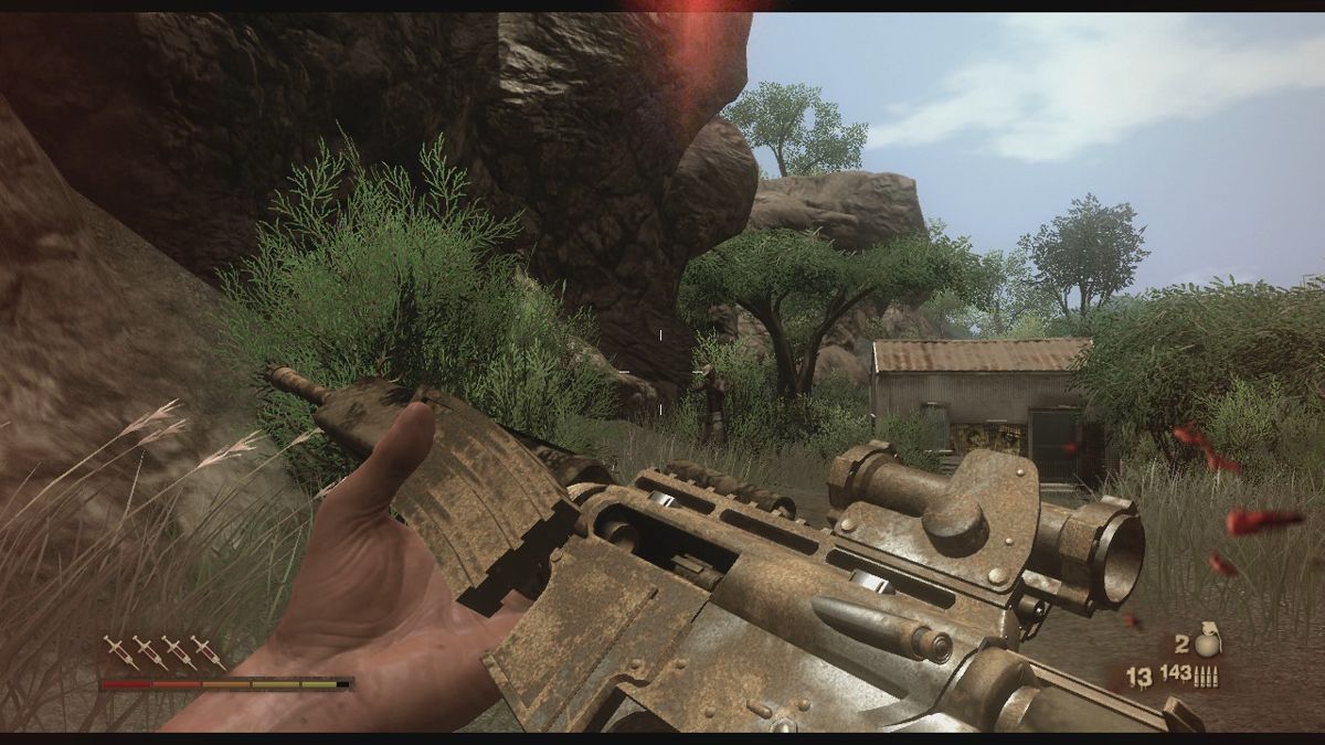 Far Cry 2 (Xbox 360) screenshot: Damned second-hand weapons, they constantly jam and right in the heat of battle.