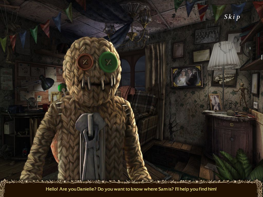 Stray Souls: Dollhouse Story (iPad) screenshot: The doll giving you story background and information how to find Sam