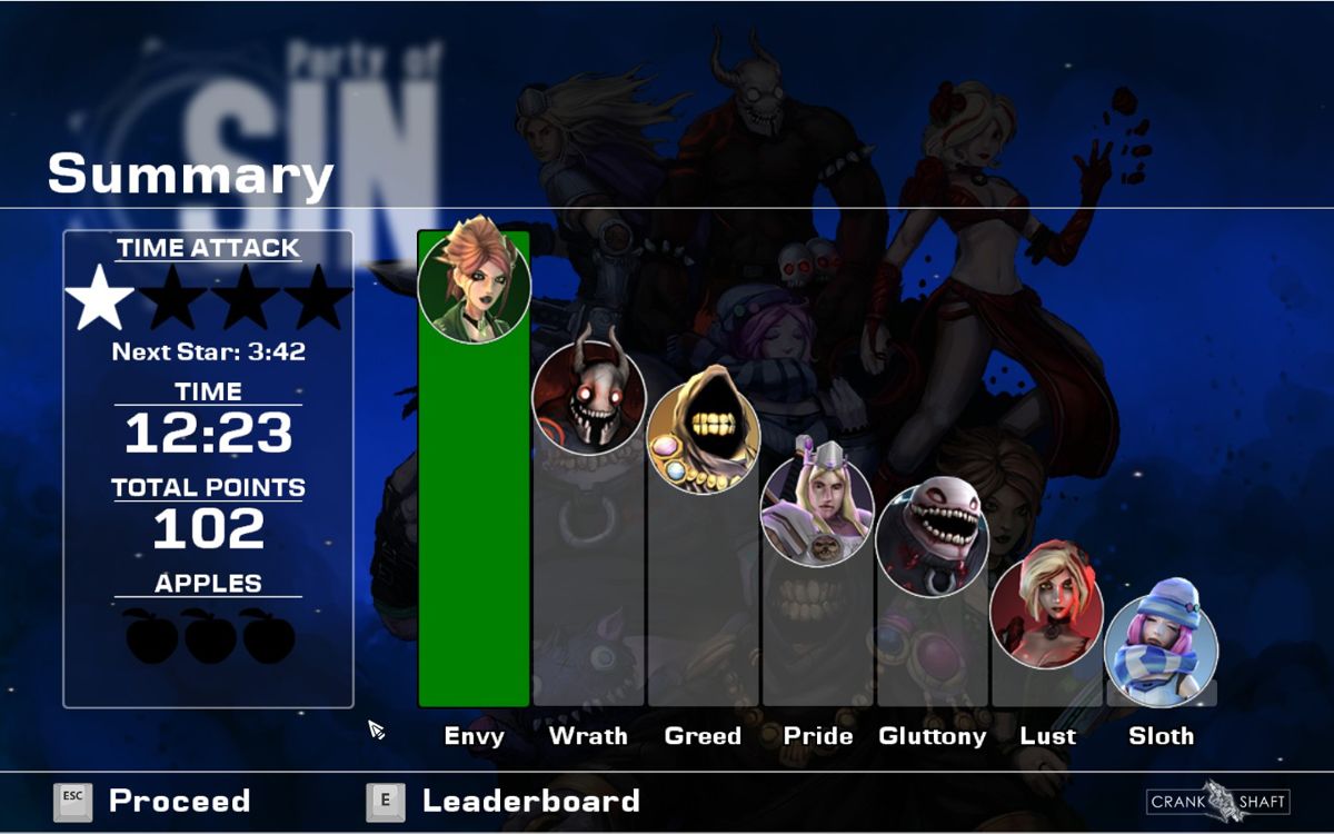 Party of Sin (Windows) screenshot: Level conclusion. Envy's ranged attack makes her the noobs' absolute favourite.