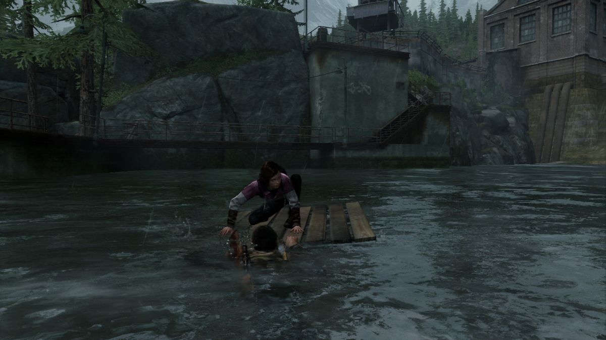 The Last of Us (PlayStation 3) screenshot: Ellie can't swim, so you'll have to find other ways to get her across water.