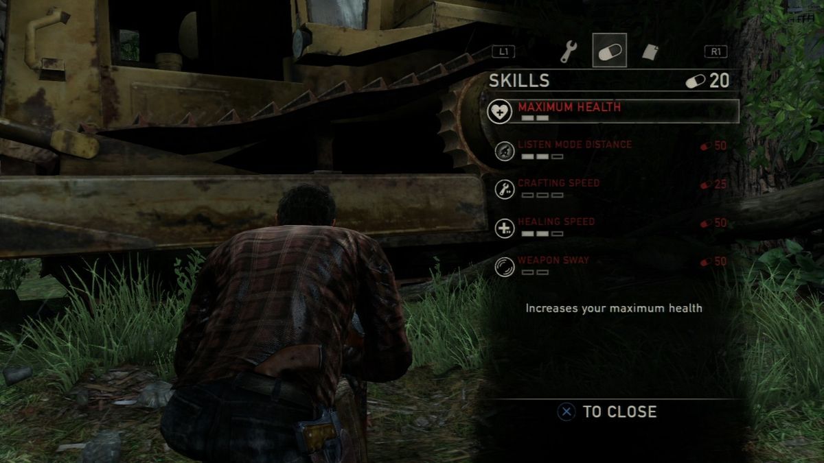 The Last of Us (PlayStation 3) screenshot: By collecting pills and medicinal herbs, you can upgrade your character's skills.