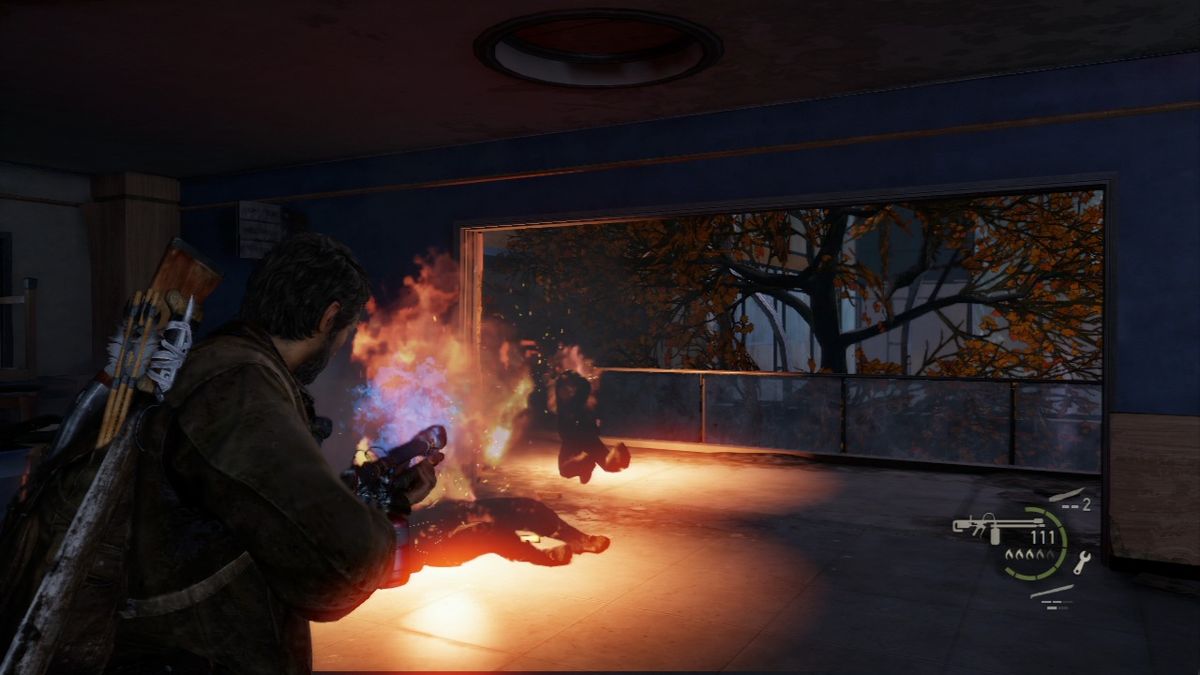 The Last of Us (PlayStation 3) screenshot: Flamethrower is deadly at close range, but you're pretty much open to anyone carrying a firearm until you reach him.