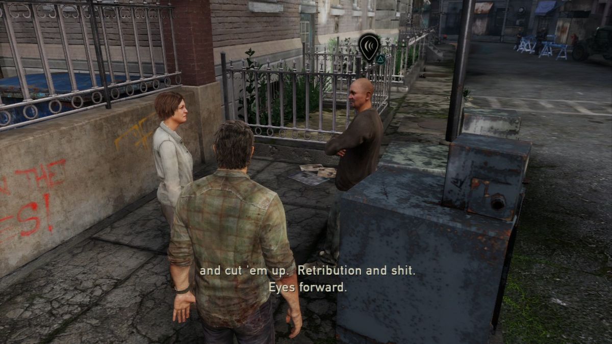 The Last of Us (PlayStation 3) screenshot: When you can launch some additional dialogues, sound icon will appear when you near the point of interest.