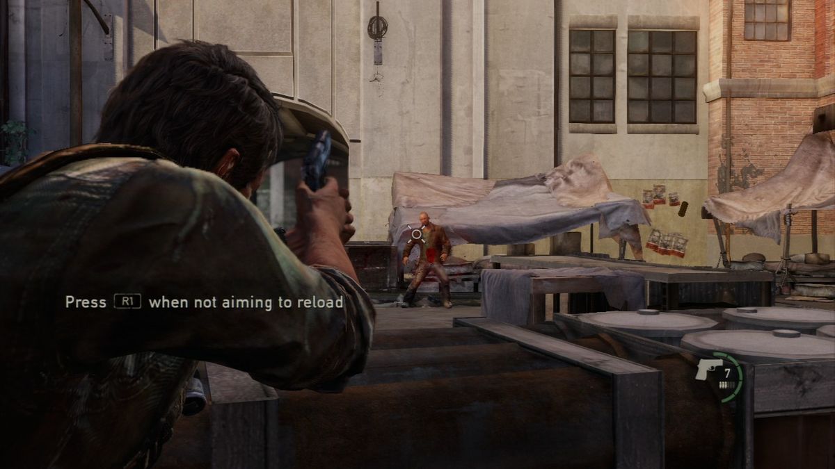 The Last of Us (PlayStation 3) screenshot: Basic cover-shooting system in action.