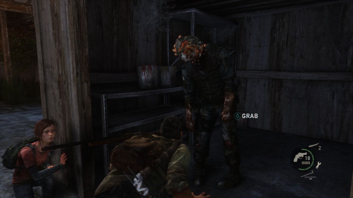 The Last of Us (PlayStation 3) screenshot: Clickers only use aural senses, so you can use stealth to sneak up on them.