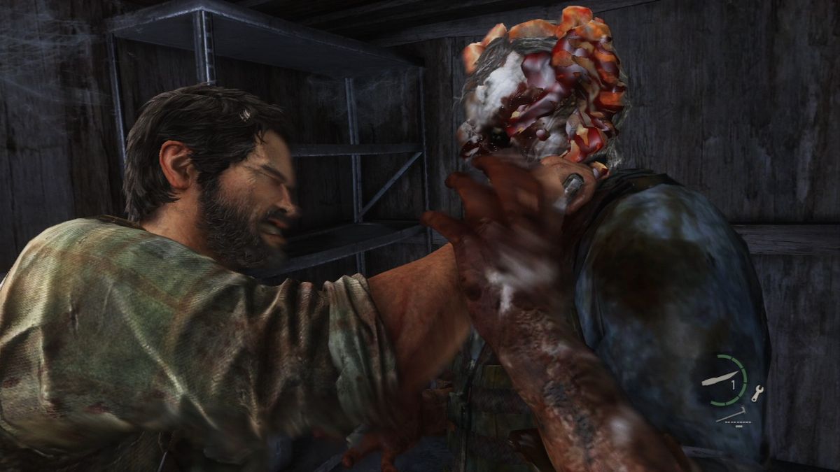 The Last of Us (PlayStation 3) screenshot: If you have a shiv, you can save yourself from the clicker, otherwise it's game over once it grabs you.