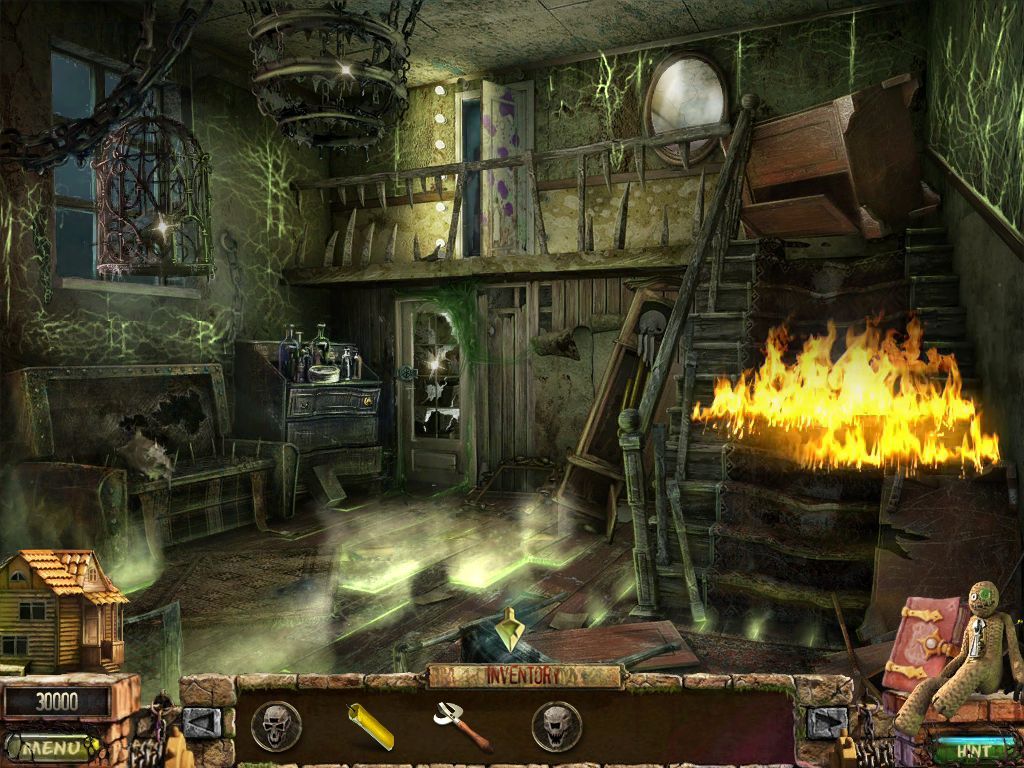 Stray Souls: Dollhouse Story (iPad) screenshot: Attempted to go upstairs and they burst into flames