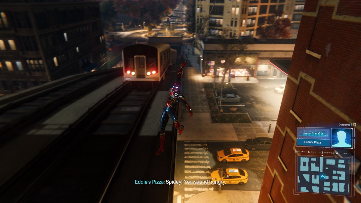 Marvel Spider-Man: The City That Never Sleeps - Chapter One: The Heist (PlayStation 4) screenshot: With all that swinging, Spider-Man has to replace all those burned calories every now and then