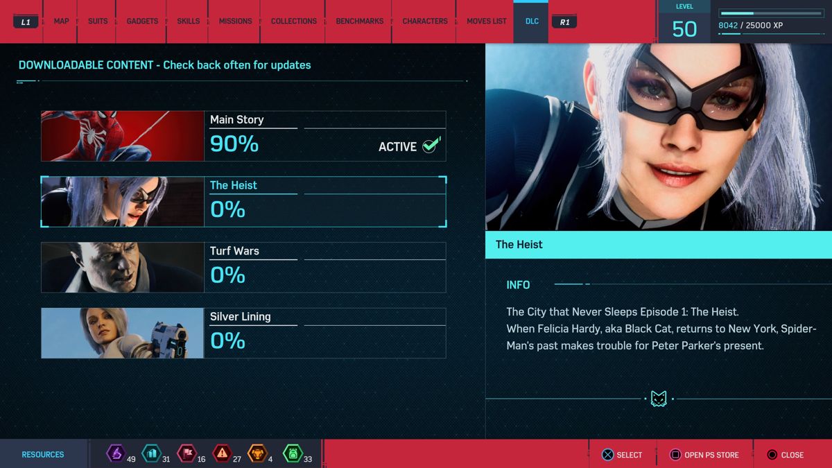 Marvel Spider-Man: The City That Never Sleeps - Chapter One: The Heist (PlayStation 4) screenshot: The Heist DLC select screen