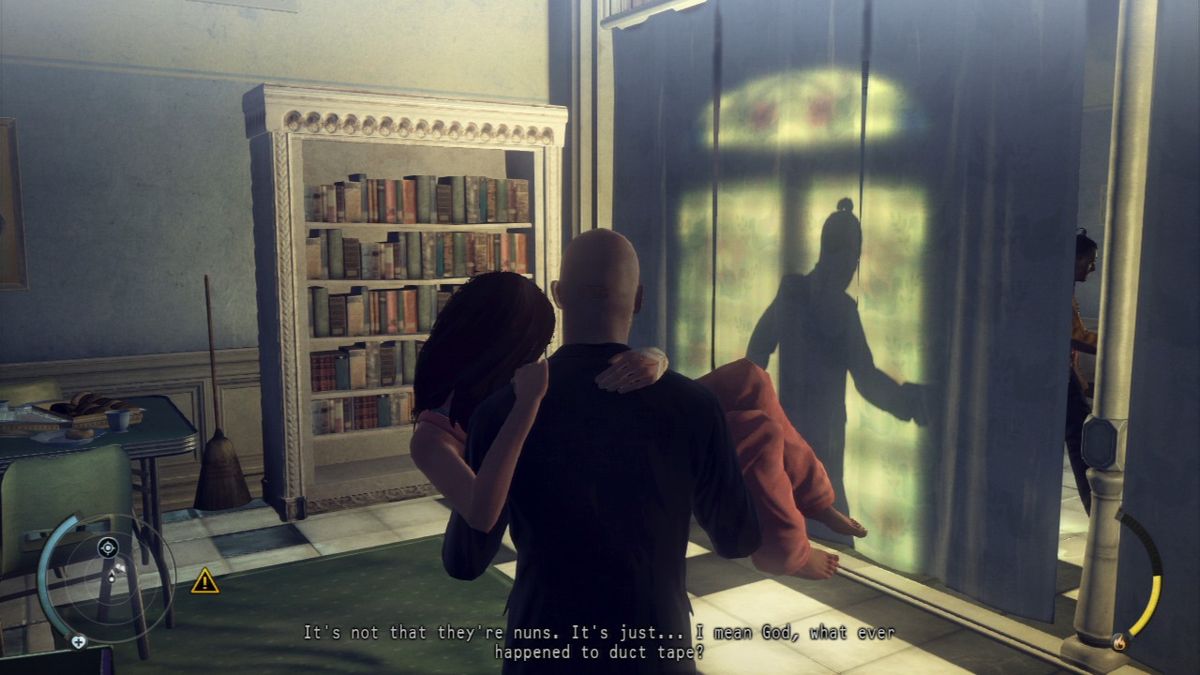 Hitman: Absolution (PlayStation 3) screenshot: Hiding behind the curtain until the attackers pass.