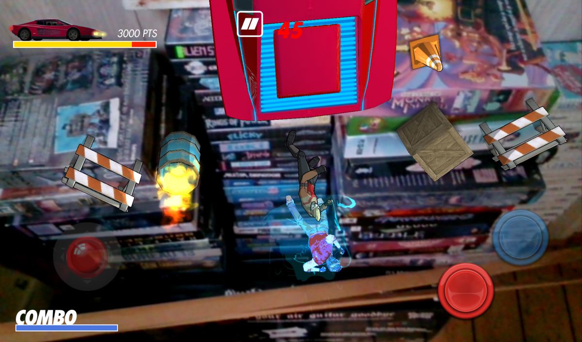Kavinsky (Android) screenshot: Kavinsky fighting on top of a stack of my games.