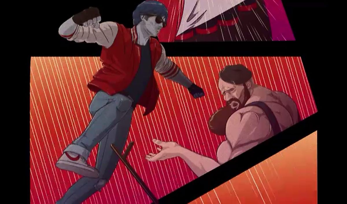 Kavinsky (Android) screenshot: Kavinsky beats up some thug in the introduction sequence.