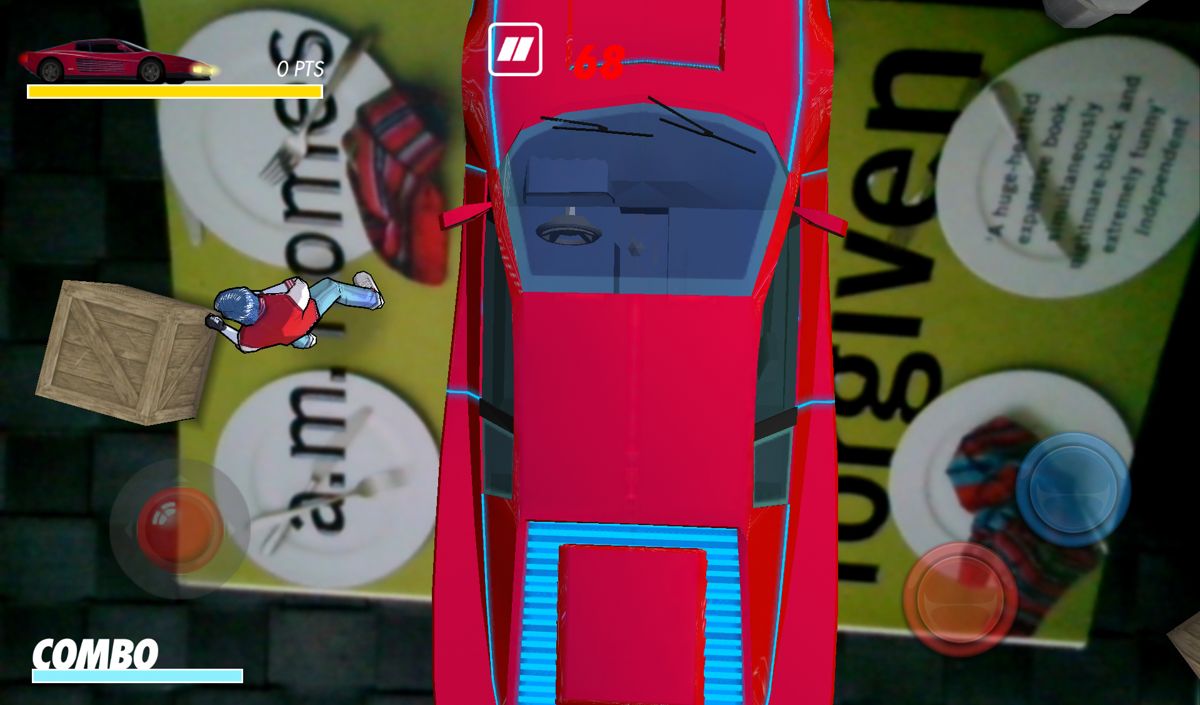 Kavinsky (Android) screenshot: Defend Kavinsky's car. He's fighting on top of a book now.