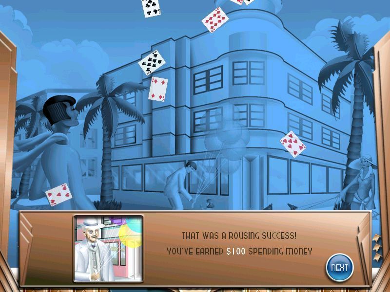 Hoyle South Beach Solitaire (Windows) screenshot: 'Points Means Prizes' is an old game show quote. Here it's true as at the end of a completed game the player is given some cash