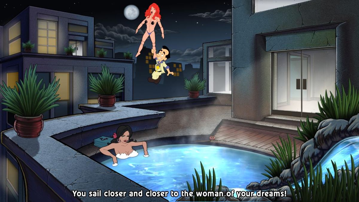 Leisure Suit Larry: Reloaded (Windows) screenshot: Flying on the rubber doll to the girl of Larry's dreams