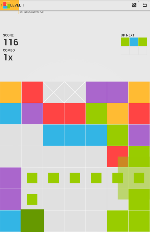 7x7 (Android) screenshot: A match of four green tiles can be created here.