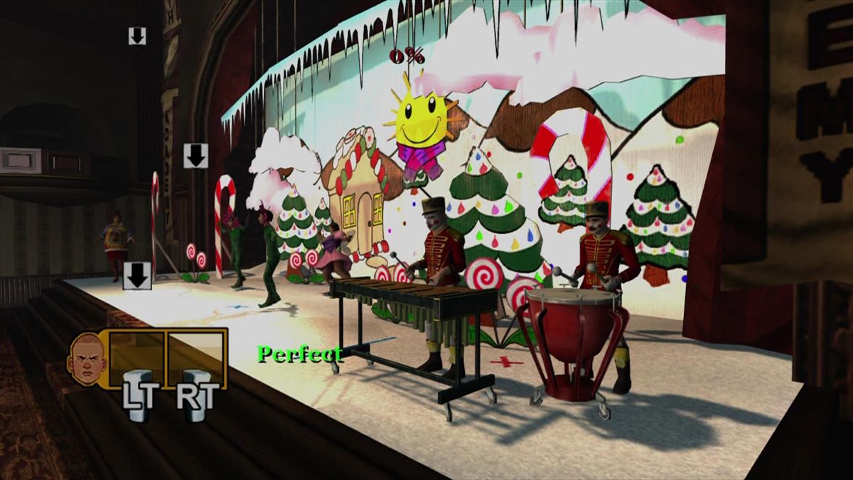 Bully: Scholarship Edition (Xbox 360) screenshot: You volunteered for the big Christmas play. Match the rhythm with the buttons. This is the same mini game as Music class.