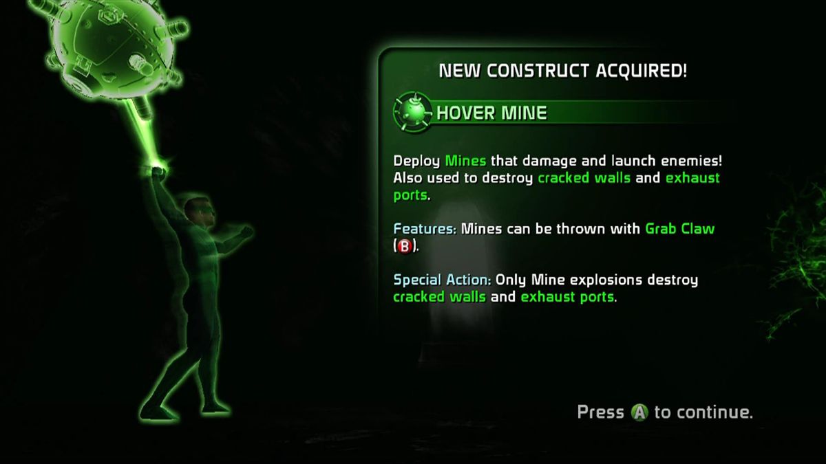 Green Lantern: Rise of the Manhunters (Xbox 360) screenshot: Construct detail screen. Earn new constructs by leveling up.